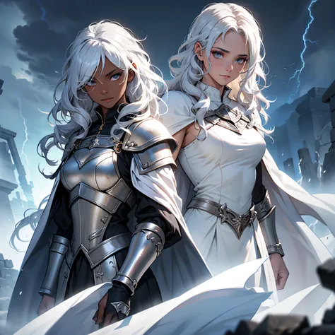 Fantasy, Middle Ages, Strong black female warrior with white curly hair, White armor, silver knight, Black skin, dealing with lightning, thunderstorm, thunder, salama, royal court, Mascara around the eyes, shadows under the eyes, White Cloak, Its very seri...