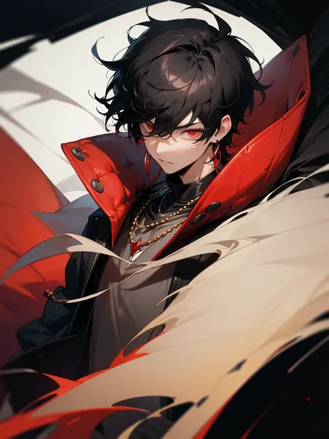 1 teen boy, scruffy black hair with hints of red, bangs, red eyes, perfect eyes, highly detailed eyes, dark background, long earrings, loose jacket high collar, muscles, looking at viewer, no hands, highly detailed, necklace, tear, facing front, cold and d...