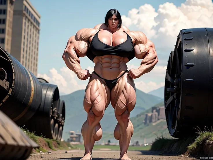 A very big, buff, giant, female bodybuilder, muscle goddess, with black hair, huge arms and huge legs, big boobs, flexing her enormous, giant muscles, big beautiful eyes, naked giant boobs, stood in front of a military tank, in a ruined city, naked, photor...