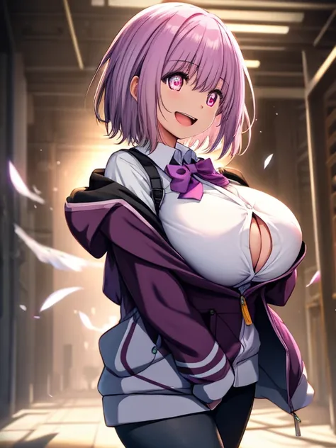 a girl,  upper body, (huge Laughing:1.1), (open mouth:1.1), (wide open eyes:1.2),  depth of field, blurry background, light particles, strong wind, (heart particles:1.1),akaneshinjou, shinjou akane, light purple hair, (pink eyes:1.2), short hair,
BREAK bla...