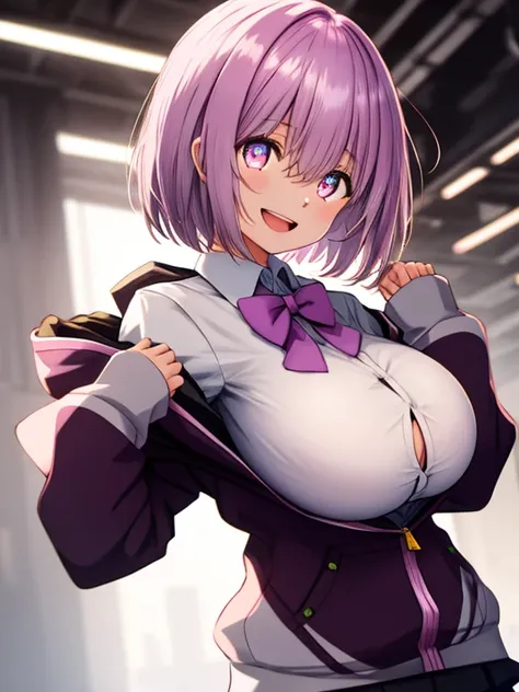 a girl,  upper body, (huge Laughing:1.1), (open mouth:1.1), (wide open eyes:1.2),  depth of field, blurry background, light particles, strong wind, (heart particles:1.1),akaneshinjou, shinjou akane, light purple hair, (pink eyes:1.2), short hair,
BREAK bla...