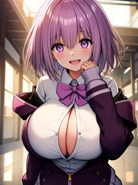 a girl,  upper body, (huge Laughing:1.1), (open mouth:1.1), (wide open eyes:1.2),  depth of field, blurry background, light particles, strong wind, (heart particles:1.1),akaneshinjou, shinjou akane, light purple hair, (pink eyes:1.2), short hair,
BREAK bla...