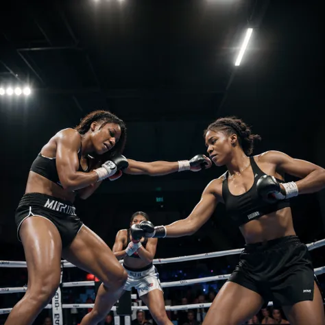 Two Black women boxers fighting in the boxing ring, fierce and aggressive match between professionals, sweaty and exhausted, people in the background barely visible cheering them, minimal lights around the ring shining on them, dim lit scene, sports movie ...