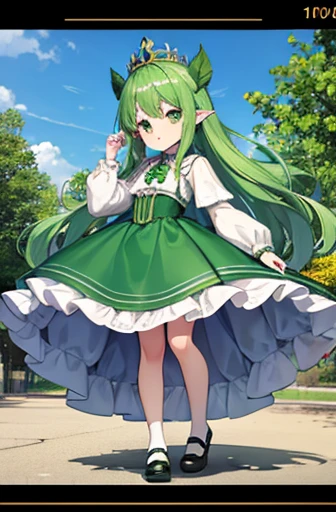 Idade８Year Old Lolita　１0０centimeter short stature　Ears are pointed and slightly long　Emerald green hair　leaf clothes　Laurel crown　Full body standing picture