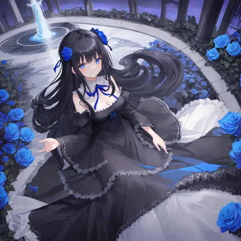 One girl, black hair, floor-length hair, blue eyes, black medium dress, medium flowing sleeves, white lace ends of the dress, blue ribbon on the collar, Near a large fountain, blue and white roses, thorny bushes, blue-purple sunset