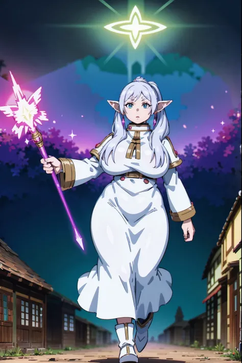 1girl,solo,elf,white hair,grey hair,earrings,pointy ears,long hair,ponytail,green eyes,twintails,parted bangs,thick eyebrows,,, holy magicalgirl, , holy haura, halo,, paladin, holding, full body , boots, standing,cute,breast, curvy, female,fantasy goddess,...