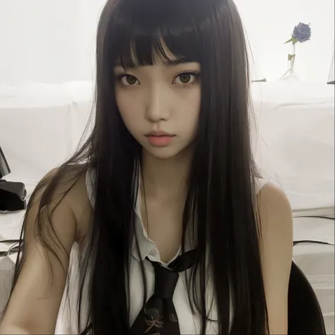 there is a woman with long hair wearing a tie and a white shirt, the hime cut, aoi ogata, with bangs, long hair with full bangs, jossi of blackpink, black hime cut hair, ilya kuvshinov with long hair, blackpink jennie, chiho, lalisa manobal, with full bang...