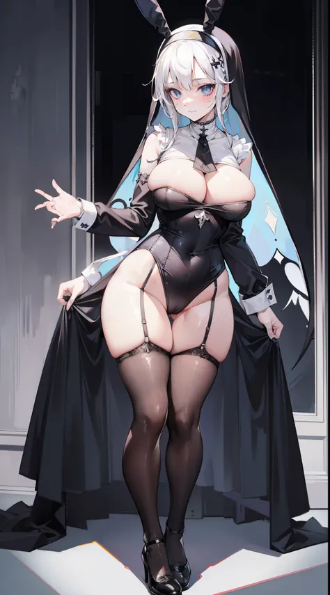 white color hair，Striped hair, french braid, Student does not match, lightand shade contrast, gothic art, 16k, Best quality, Anatomically correct, high detal，      lewd nun，(Bare breasts)，(Colossal tits)，White panty hose，(Pubic bone)，hip is cocked，(twogirl...