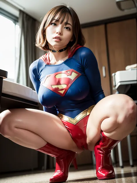 ​masterpiece,Short-haired supergirl spreading her thighs on a hospital operating table、large full breasts、Looking at the camera、Glossy enamel costume、Glossy red enamel long boots、shiny red enamel skirt、a choker、Glimpse、Fluttering cloak、seduces、sexypose、sha...