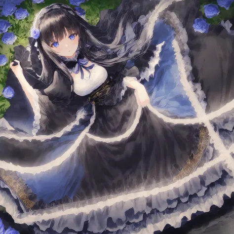 One girl, black hair, floor-length hair, blue eyes, black medium dress, medium flowing sleeves, white lace ends of the dress, blue ribbon on the collar, Near a large fountain, blue and white roses, thorny bushes, blue-purple sunset