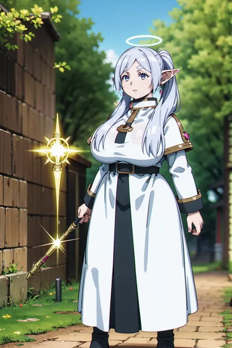 1girl,solo,elf,white hair,grey hair,earrings,pointy ears,long hair,ponytail,green eyes,twintails,parted bangs,thick eyebrows,,, holy magicalgirl, , holy haura, halo,, paladin, holding, full body , boots, standing,cute,breast, curvy, female,fantasy goddess,...