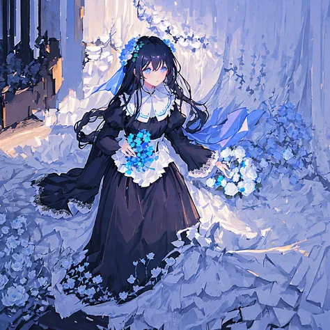 One girl, black hair, floor-length hair, blue eyes, black medium dress, medium flowing sleeves, white lace ends of the dress, blue ribbon on the collar, Near a large fountain, blue and white roses, thorny bushes, blue-purple sunset