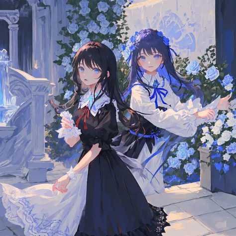 One girl, black hair, floor-length hair, blue eyes, black medium dress, medium flowing sleeves, white lace ends of the dress, blue ribbon on the collar, Near a large fountain, blue and white roses, thorny bushes, blue-purple sunset