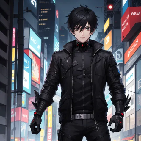 cyber punk, city, 1boy, black hair, black eyes, cyborg