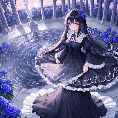 One girl, black hair, floor-length hair, blue eyes, black medium dress, medium flowing sleeves, white lace ends of the dress, blue ribbon on the collar, Near a large fountain, blue and white roses, thorny bushes, blue-purple sunset