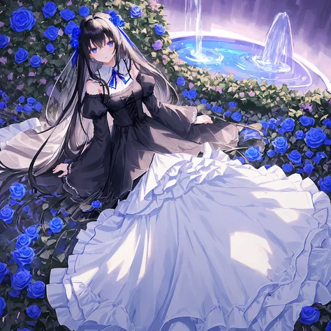 One girl, black hair, floor-length hair, blue eyes, black medium dress, medium flowing sleeves, white lace ends of the dress, blue ribbon on the collar, Near a large fountain, blue and white roses, thorny bushes, blue-purple sunset