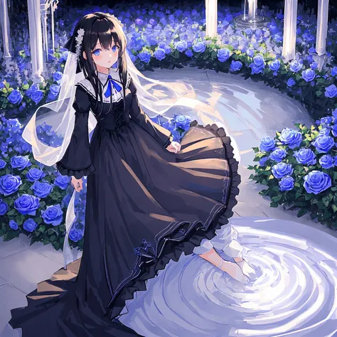 One girl, black hair, floor-length hair, blue eyes, black medium dress, medium flowing sleeves, white lace ends of the dress, blue ribbon on the collar, Near a large fountain, blue and white roses, thorny bushes, blue-purple sunset