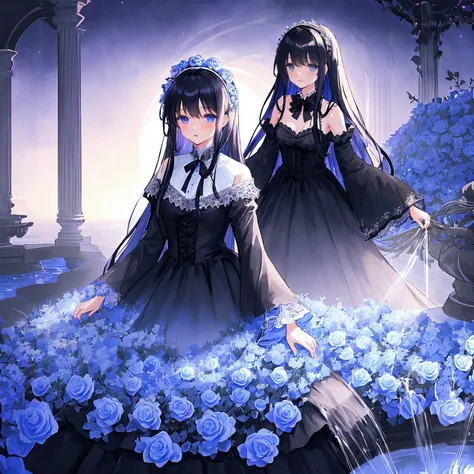 One girl, black hair, floor-length hair, blue eyes, black medium dress, medium flowing sleeves, white lace ends of the dress, blue ribbon on the collar, Near a large fountain, blue and white roses, thorny bushes, blue-purple sunset