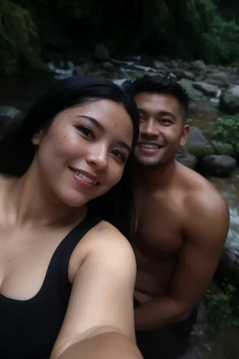 there are two people that are taking a selfie together, couple, lovely couple, with a waterfalls, in jungle, next to a waterfall, stream of love and happiness, in jungle forest !!!, photo 85mm, waterfalls in the background, in the jungle, with waterfalls, ...