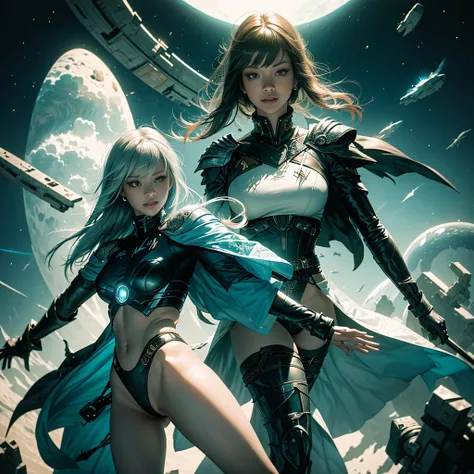 Galaxy Statio-Port Space Battle Conceptual War Scene "Star Trek" Backlight Deep Space-Ship "Heavy Metal" Devastating Will-o-the-wisp cyberpunk Trekkies mature female aesthetics "luis Royo" dazzling slow-motion walking Cosplay richly decorated:1.37 "Zoë Sal...