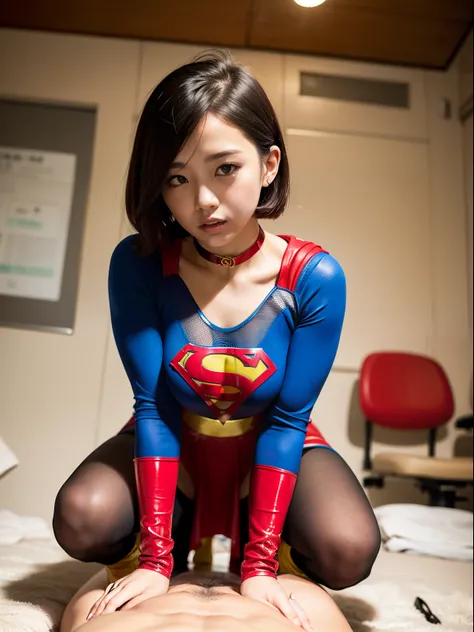 ​masterpiece,Short-haired supergirl spreading her thighs on a hospital operating table、large full breasts、Looking at the camera、Glossy enamel costume、Glossy red enamel long boots、shiny red enamel skirt、a choker、Glimpse、Fluttering cloak、seduces、sexypose、sha...