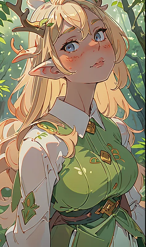 (masterpiece, best quality), 1girl, intricate details, blonde, leaf, wavy hair, looking at viewer, elf, upper body, forest, frills, mist, deer antlers,