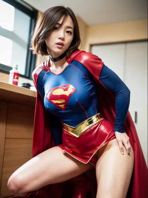 ​masterpiece,Short-haired supergirl spreading her thighs on a hospital operating table、large full breasts、Looking at the camera、Glossy enamel costume、Glossy red enamel long boots、shiny red enamel skirt、a choker、Glimpse、Fluttering cloak、seduces、sexypose、sha...