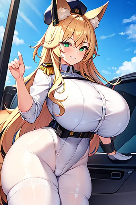 1girl, huge breasts, thick thighs, wide hips, blonde hair, long hair, fox ears, green eyes, fox tail, police, police hat, policewoman, white uniform, white clothes, pantyhose, smile, smirk, smug, leotard