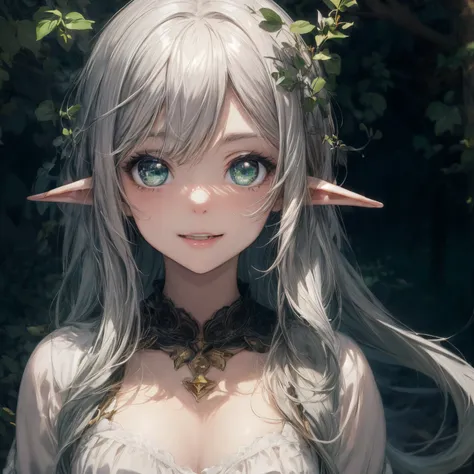 The girl looks at the camera with beautiful green eyes and an attractive smile, mouth open, White Teeth, Cute little nose, Beautiful long elven ears, portrait of an elf, Portrait of a very beautiful elf woman, white colored hair, Stars in her fixed eyes, b...