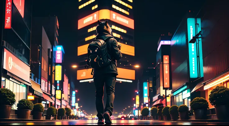 A cute black cat with a backpack on his back, walking along a busy Tokyo street, with futuristic skyscrapers and neon signs in the background.