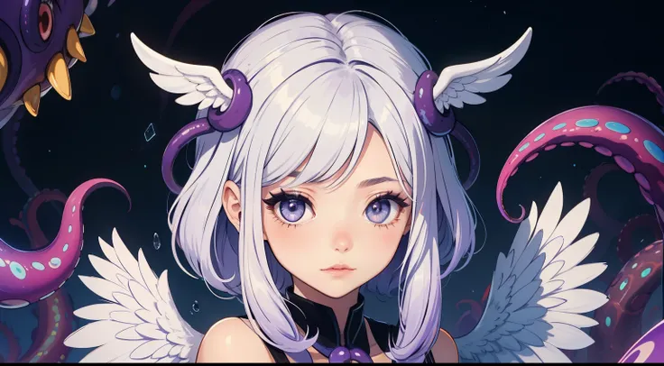 menino,face shy,grandes copos redondos,gradiente,fundo gradiente,fundo roxo,mid hair,cabelo entre os olhos,small white wings on both heads,olhando para o espectador,Beautiful purple squid on head with tentacles complementing her hair,roxo olhos grandes,