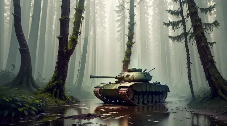 Forest matte painting at night. Wide shot. For a fighting game. With tank stuck in mud. Water puddles.  Wide shot.