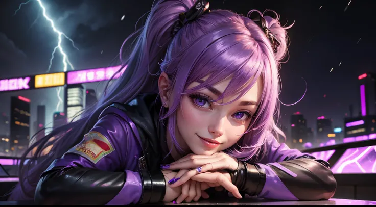 purple lightning　The end of the world　realistic snowstorm　century champion　cyber neon city　Chinese Idol　A MILF　Purple hair　Smiling mischievously