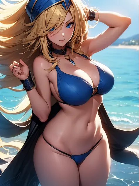 1girl, long blonde hair, blue eyes, blue headwear, wizard hat, (((black bikini), standing, crossed arms, thighs, thighs focus, smug, looking down, in a beach, wet body)), curvy figure, overlooking city, blush, day 

BREAK 

(((Masterpiece))), ((Highly deta...