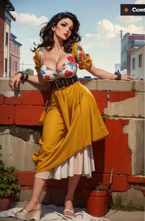 Mujer araffe con un vestido amarillo apoyada en una pared de ladrillos., Estilo Ivan Talavera y Artgerm, faye valentine, Pinup, James Gurney estilo de pintura, comic pinup style, Estilo Pinup, Modelo Retro Pinup, Retrato completo, Artgerm y Gil Elvgren, Fa...