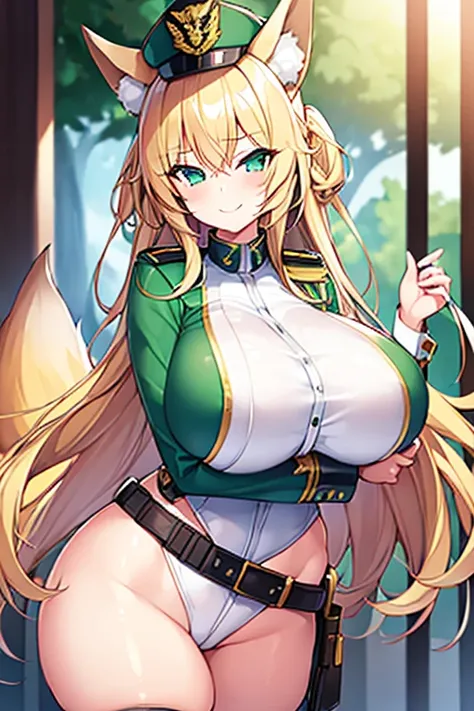 1girl, huge breasts, thick thighs, wide hips, blonde hair, long hair, fox ears, green eyes, fox tail, police, police hat, policewoman, white uniform, white clothes, smile, smirk, smug, leotard, belt,