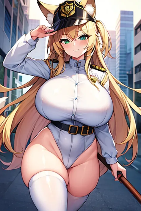 1girl, huge breasts, thick thighs, wide hips, blonde hair, long hair, fox ears, green eyes, fox tail, police, police hat, policewoman, white uniform, white clothes, smile, smirk, smug, leotard, belt,