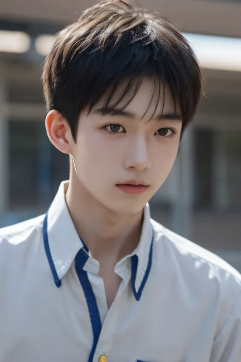 1 boy，youthful campus，15-year-old boy，ren，Comely，On campus，Real Human，clear skin texture，Best quality at best，the ultra-detailed，Wearing a Chinese school uniform，