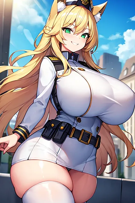 1girl, huge breasts, thick thighs, wide hips, blonde hair, long hair, fox ears, green eyes, fox tail, police, police hat, policewoman, white uniform, white clothes, smile, smirk, smug, leotard, belt,