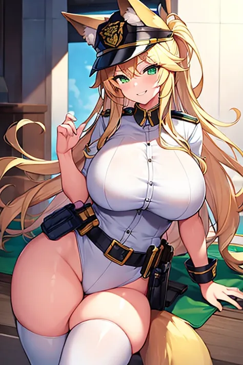 1girl, huge breasts, thick thighs, wide hips, blonde hair, long hair, fox ears, green eyes, fox tail, police, police hat, policewoman, white uniform, white clothes, smile, smirk, smug, leotard, belt,