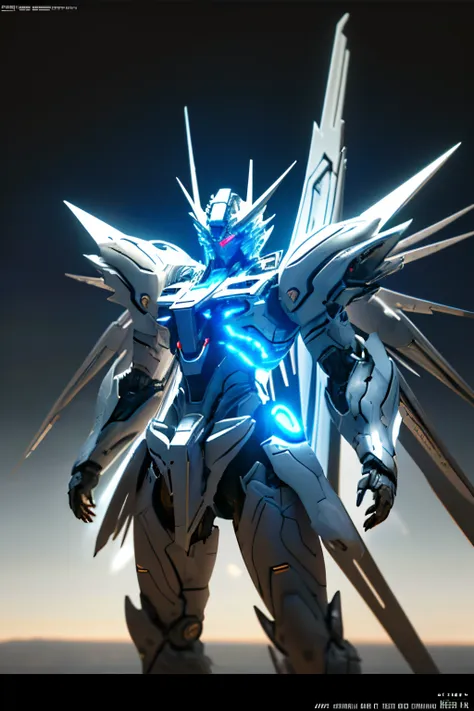 1 gundam robot crouching, glowing eyes, glowing armor,white mecha, wings,  zhongfenghua, cannons, ((cinematic lighting, high key...