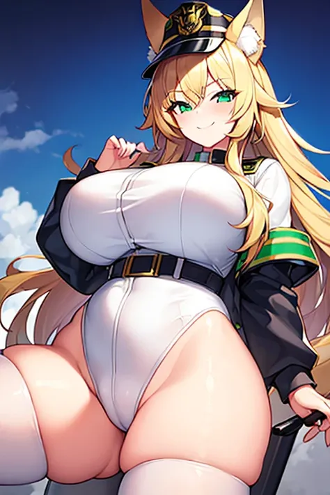 1girl, huge breasts, thick thighs, wide hips, blonde hair, long hair, fox ears, green eyes, fox tail, police, police hat, policewoman, white uniform, white clothes, smile, smirk, smug, leotard, belt,