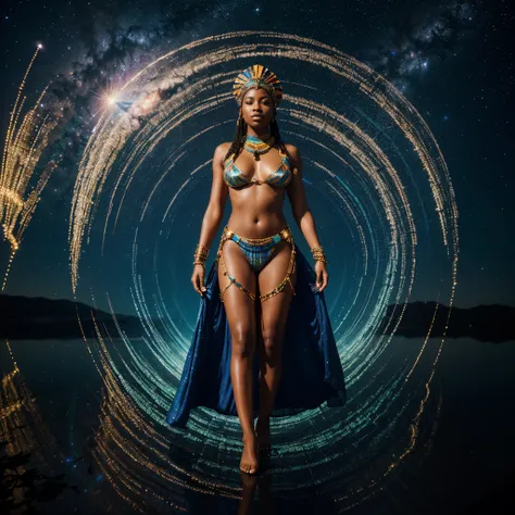 full body angle shot image, In a mesmerizing display of cosmic beauty, a hypnotic holographic African woman dressed in  African designed clothes and african designed beads and headdress with vibrant colors, shines with stars and galaxy glowing on her skin,...