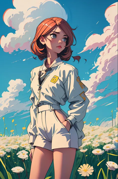 (best quality, masterpiece), 1girl, cloudy sky, dandelion, contrapposto, alternate hairstyle,