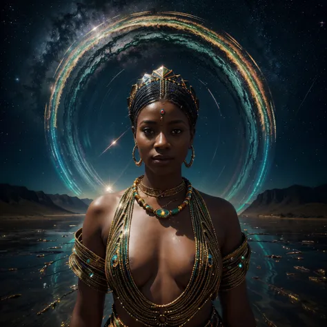 full body angle shot image, In a mesmerizing display of cosmic beauty, a hypnotic holographic African woman dressed in  African designed clothes and african designed beads and headdress with vibrant colors, shines with stars and galaxy glowing on her skin,...