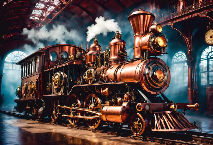 steampunk, creepy Steam-powered copper and brass locomotive sitting in a creepy train station, cinematic lighting, detailed, high saturation, highres