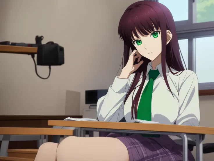 anime girl sitting at a desk with her hand on her chin,Anime scene of a girl sitting at a desk in the classroom,8K UHD, hight resolution,Very detailed CG, High quality shadows, Detail Beautiful delicate face, Detail Beautiful delicate eyes,BREAK(Very detai...