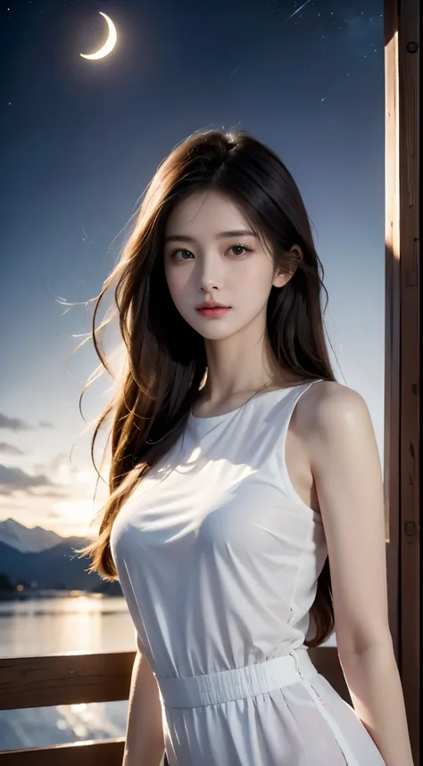 Beautiful long-haired girl waiting at the bus stop，Her hair shines charmingly in the dim light，Behind him is a graceful crescent moon，The sky is dotted with bright stars。She is quietly waiting for someone to arrive，The surrounding scenery looks particularl...