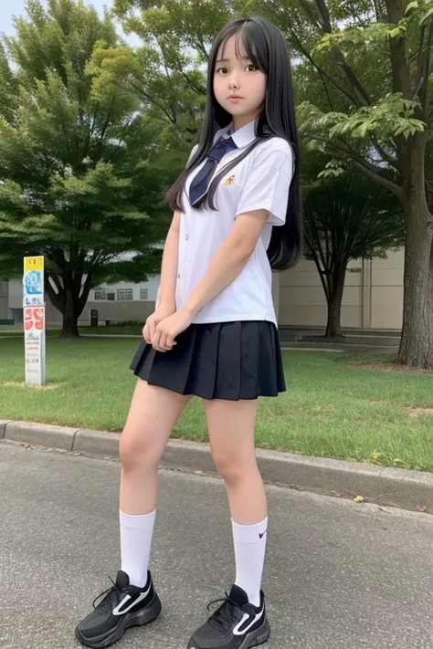 full body,from below,A 14-year-old junior high school girl with long black hair wearing a school uniform with a looking at viewer,