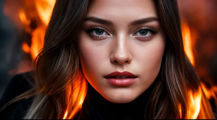 Maximum Extreme Hyper realistic, Maximum  Hyper Detailed, Maximum Hyper Sharp,Maximum Extreme Close Up, Front Front, Full Body, Thylane Blondeau beautiful, glamorous fire, swirling red smoke and glowing particles,, silver and black nuances, ultra detailed ...